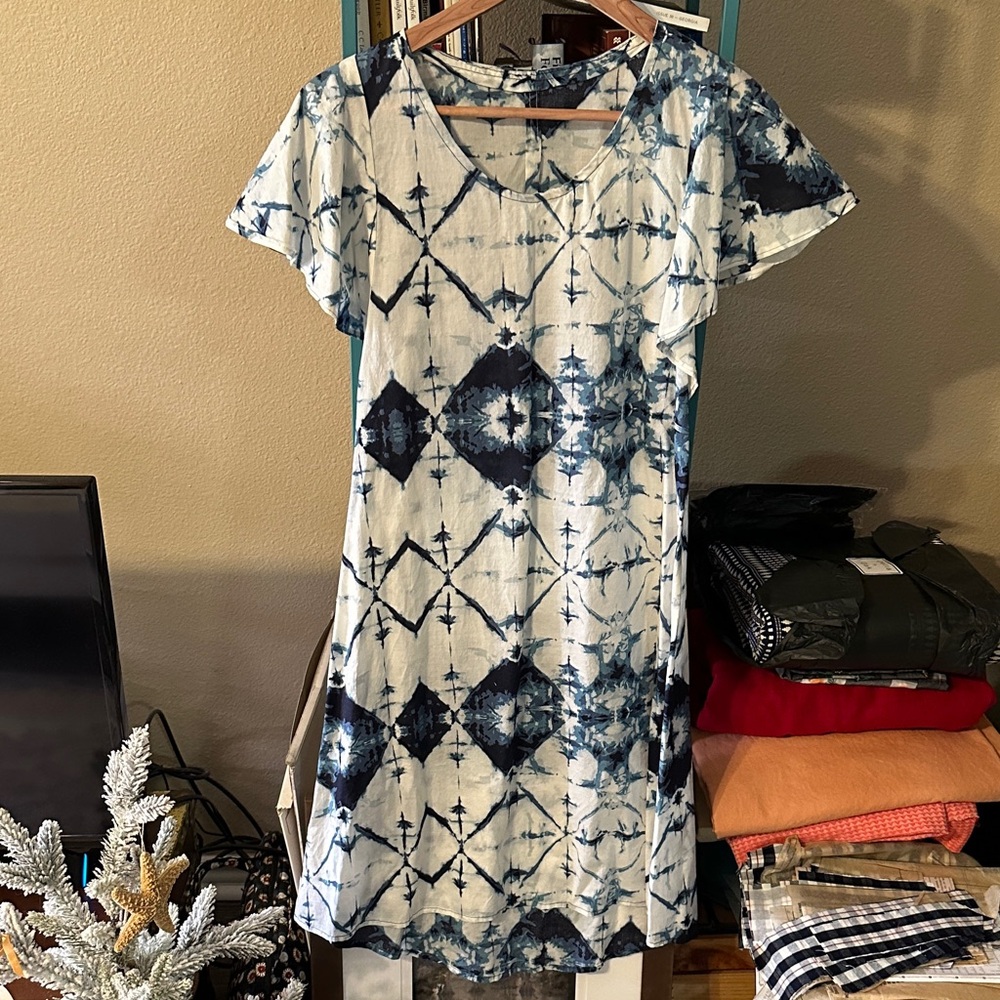Blue Tie-Dye Women's Boho Dress with flutter sleeves